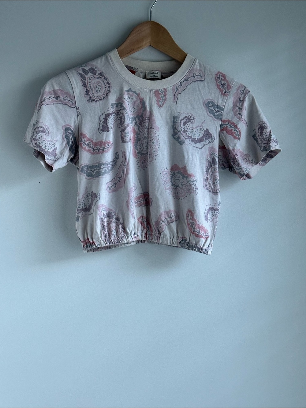 Aritzia Wilfred White Cropped Tee with Pink & Gray Paisley XS